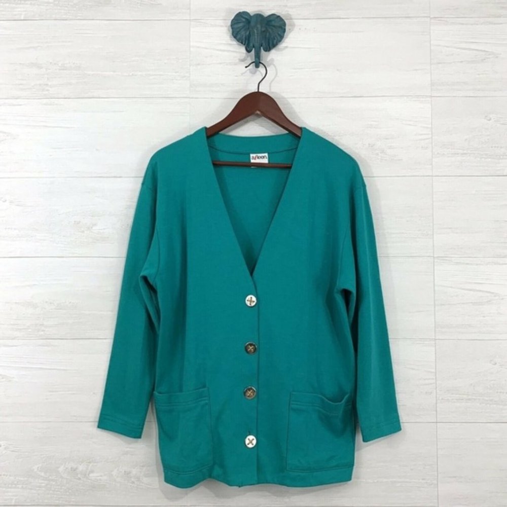 ❤️ RARE Vintage Green Teal Long Button Up Cardigan